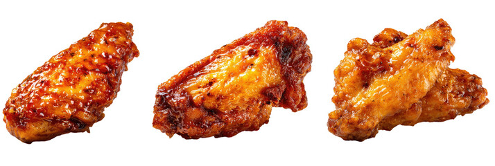 Three golden-brown, crispy chicken wings, coated in a savory sauce, isolated on a black background