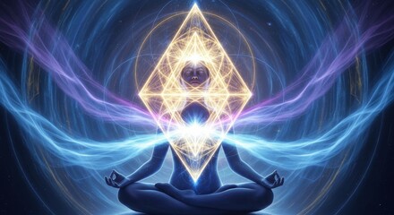  Mystical sacred geometry meditation art, surreal glowing symbols, energetic flow, astral aura, chakra awakening, holistic inspiration, blue spiritual abstraction, cosmic harmony.