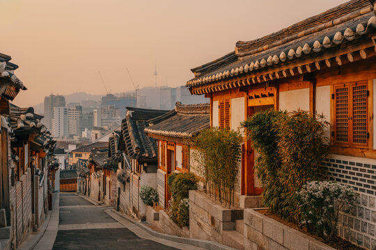 Sunrise at Bukchon Hanok Village in Seoul, South Korea