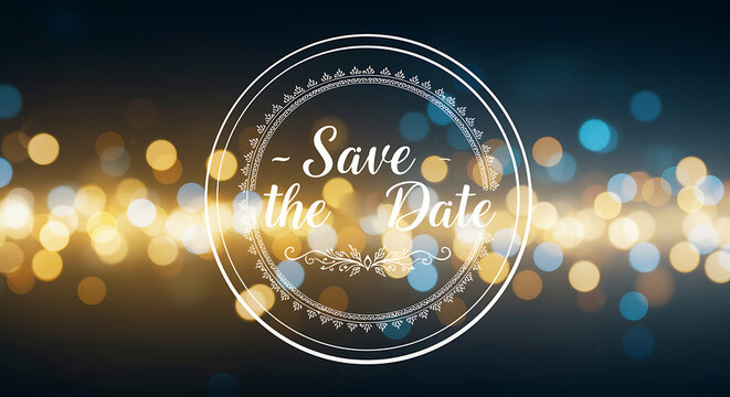 Save the date circular text with bokeh lights background - Powered by Adobe