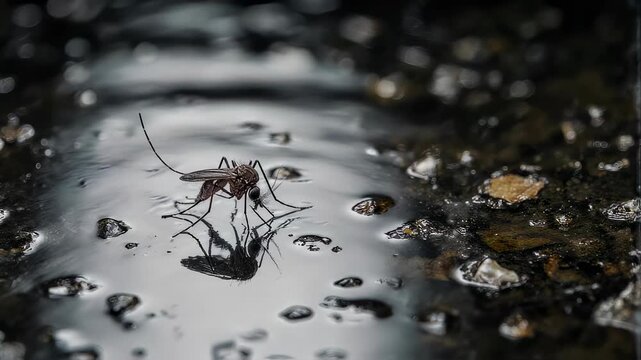 Mosquito in Water Puddle - Close-Up View of Insect and Reflection.
