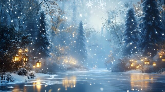 Snowy winter forest with glowing lanterns and falling snowflakes reflected on frozen magical river