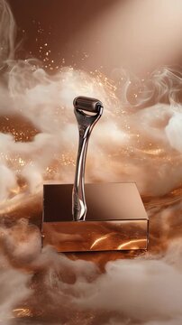 Modern microneedle facial roller on copper surface, surrounded by abstract fog and glitter particles