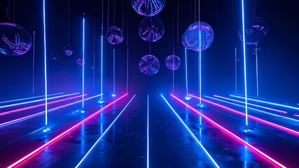 Futuristic Neon Light Show with Reflective Spheres and Lines. - Powered by Adobe