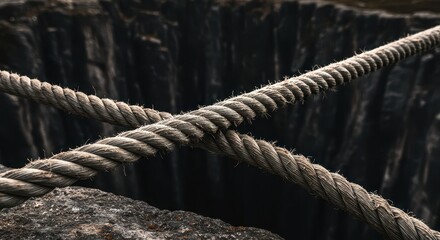A thick, weathered mooring rope hangs loosely over a deep chasm, suggesting danger and extreme height. The worn fibers imply heavy use and rugged conditions, vertical, challenge, line