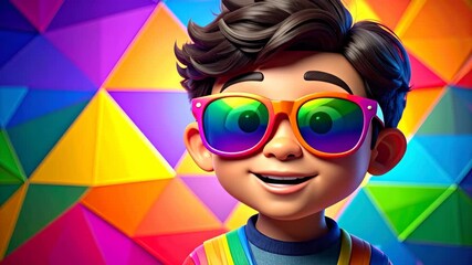 Cheerful cartoon boy wearing rainbow sunglasses smiling brightly in front of colorful background. - Powered by Adobe