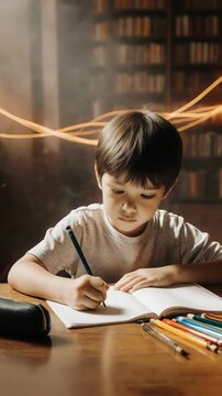 Boy focused on writing in notebook, surrounded by colored pencils, at a wooden table in a room with a bookcase.