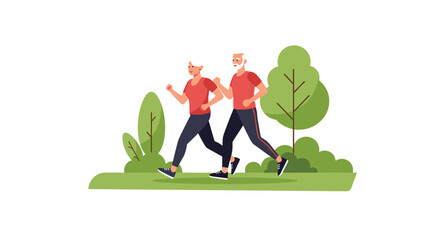 Energetic elderly couple, both fit and active, happily jogging side-by-side in a green park, promoting healthy aging and wellness.