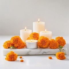 Orange marigold flowers and lit candles arranged on a marble surface  