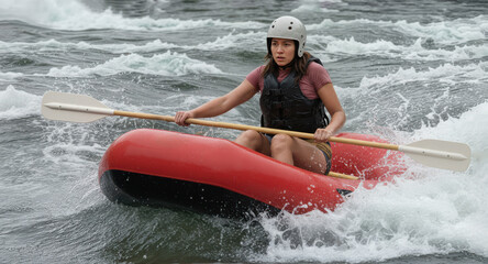 A woman white water rafting in a red raft. Helmet and life jacket. Fearful but confident expression. Water sport.