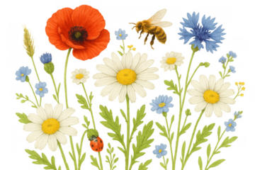 Wildflower meadow with poppy, daisy, cornflower, bee, and ladybug on transparent background