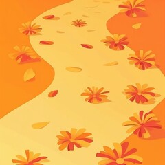 Sunny pathway with orange flowers and petals in autumn setting  