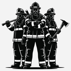 Fototapeta premium A powerful black and white vector illustration of a firefighting team standing together in full protective gear with rescue tools