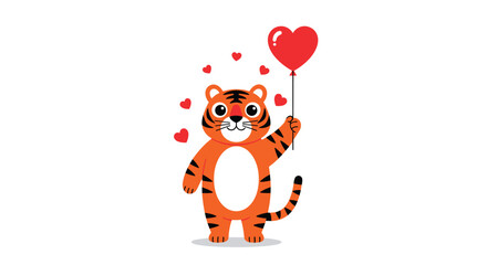Fototapeta premium Adorable cartoon tiger joyfully holding a vibrant red heart balloon, surrounded by small hearts, symbolizing love and charm.