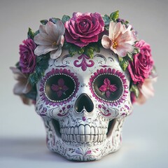 Ornate sugar skull adorned with pink flowers against neutral background  