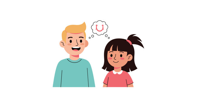 Adorable boy and girl happily conversing, with a thought bubble indicating the boy's positive ideas or joyful reflections.