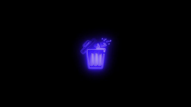 Abstract neon glowing trash icon. Trash bin icon, Delete icon , black outline, line icons video animation. Office trash icon.