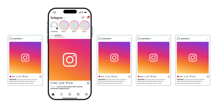 Instagram post home feed carousel UI mockup with image and text slides multiple feed layouts social media template for business marketing creative digital mobile interface vector illustration