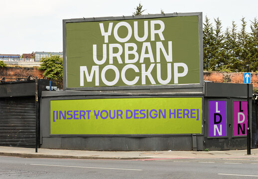 Two blank horizontal billboards and two small posters in London