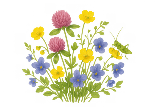 Wildflower bouquet with clover, buttercup, and violet plants, an outdoor nature watercolor illustration