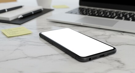 Smartphone with blank screen on marble desk with laptop and stationery mobile phone notepad pen technology office workplace