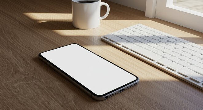 Workspace with Smartphone, Keyboard, and Coffee desk office technology mobile phone blank screen wood mug cup window light