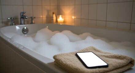 Relaxing Bubble Bath with Phone and Candles bathtub bubbles foam smartphone towel bathroom relaxation self-care candlelight