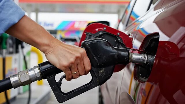 Gros plan sur la main d'une femme tenant le pistolet de la pompe &agrave; essence et faisant le plein de sa voiture