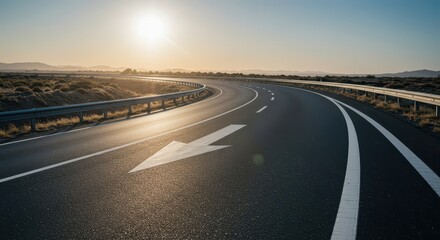 Fototapeta premium An empty asphalt highway curves sharply to the right, illustrating a clear directional change in the transportation system route concept, rural, traffic, speed