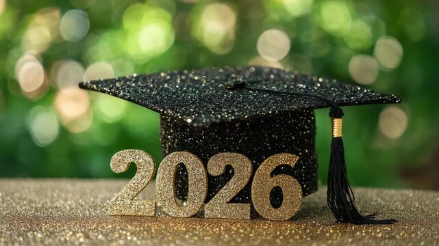 Class of 2026 graduation cap and tassel on glittery surface with bokeh background