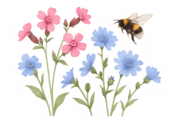 Bumblebee flying among pink and blue wild flowers, performing pollination with watercolor style, transparent background