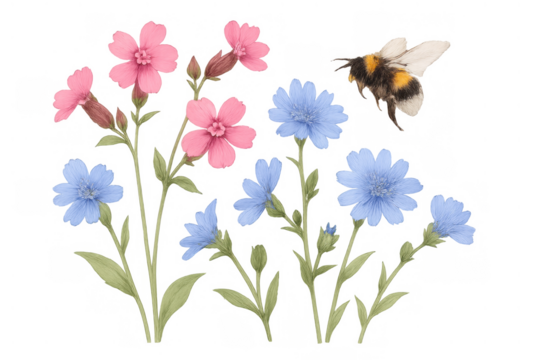 Bumblebee flying among pink and blue wild flowers, performing pollination with watercolor style, transparent background - Powered by Adobe