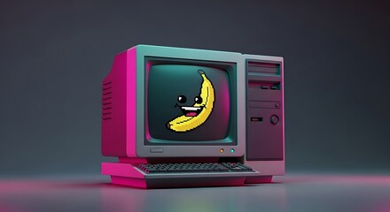 Retro Computer with Pixelated Smiling Banana on Screen Vintage Technology Display.