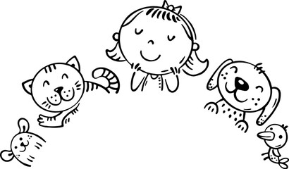 Doodle cartoon girl with pets. Border, frame or header. Outline illustration