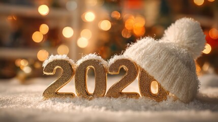 Golden 2026 numbers with snowy accents and soft angel wings against a bokeh background of warm lights