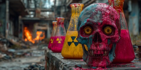 Fototapeta premium A skull with glowing eyes sits among ominous bottles and a radioactive symbol in a ruined lab. The eerie scene evokes danger, apocalypse, and chemical hazards.