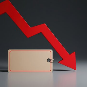 Conceptual image illustrating a sharp decrease in cost using a large red arrow pointing down near a blank commercial price label, symbolizing savings and value, special, down, deal