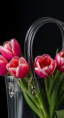 Vibrant Pink Tulips in Stylish Transparent Bag Against a Dark Background.