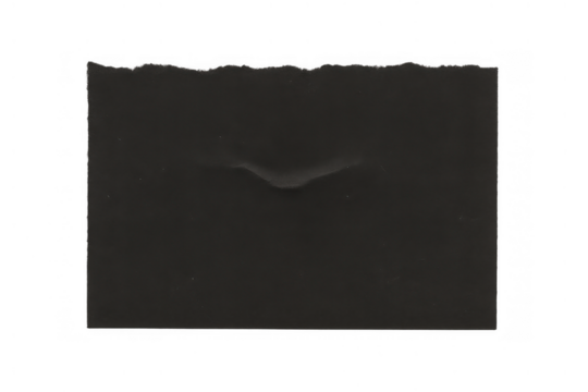 Torn black paper fragment with ripped edge and wrinkled texture, providing a blank space for notes, isolated on transparent background