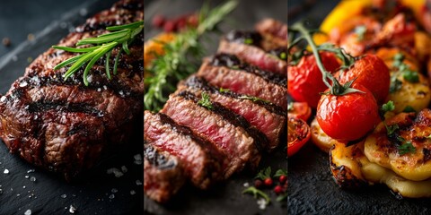 Big, large collage of a vibrant food . Perfectly grilled steak slices rest beside roasted vegetables, glistening with savory appeal. Indulgence, culinary mastery, mouthwatering deliciousness.