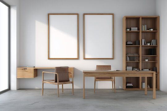 a minimal interior design of an office room with a wooden desk, chair and two vertical blank poster frames on the wall, a white concrete floor, a light wood bookcase, and white walls.