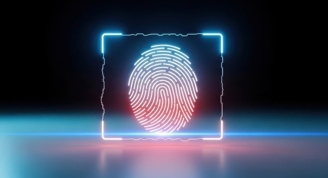 Futuristic Biometric Fingerprint Scan with Neon Frame for Digital Security and Access