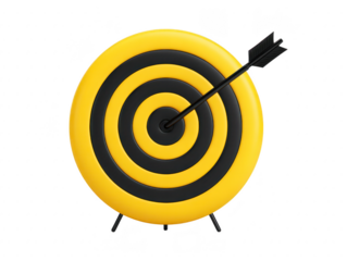 Yellow target with black concentric circles and black arrow hitting bullseye, symbolizing accuracy, focus, and achievement in modern, minimal style