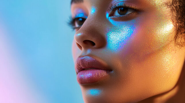 Portrait of a young woman with iridescent highlights reflecting vibrant colors in soft lighting