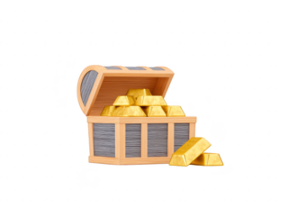 Open wooden treasure chest filled with shiny gold bars, symbolizing wealth, fortune, and prosperity, isolated on transparency background, creating sense of excitement and discovery