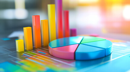 Colorful data visualization with bar graphs and pie charts showcasing statistical information in an office setting