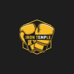 Vibrant Yellow Boxing Gloves with Iron Temple Text Logo on Dark Background