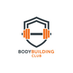 Modern Bodybuilding Club Logo Design with Shield and Dumbbell Graphic