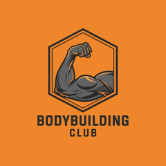 Strong Arm in Hexagon Bodybuilding Club Logo on Orange Background Vector