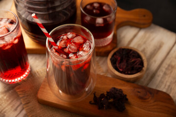 Hibiscus cooler. In Mexico, known as Agua de Jamaica, an infusion made from the hibiscus flower (Hibiscus sabdariffa), which is said to have multiple health benefits. It can be enjoyed hot or cold.